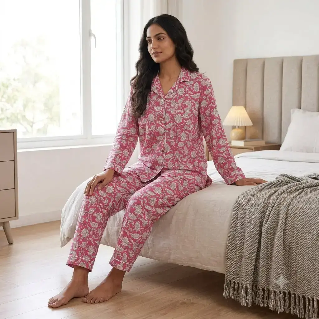 Women's Pink Floral Block Print Cotton Pajama Set – Full Sleeve Shirt & Pant Nightwear