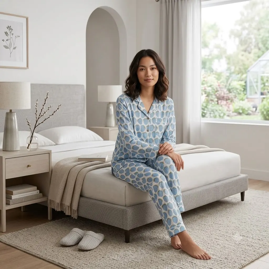 Women's Blue Strawberry Print Cotton Pajama Set – Full Sleeve Shirt & Lounge Pant