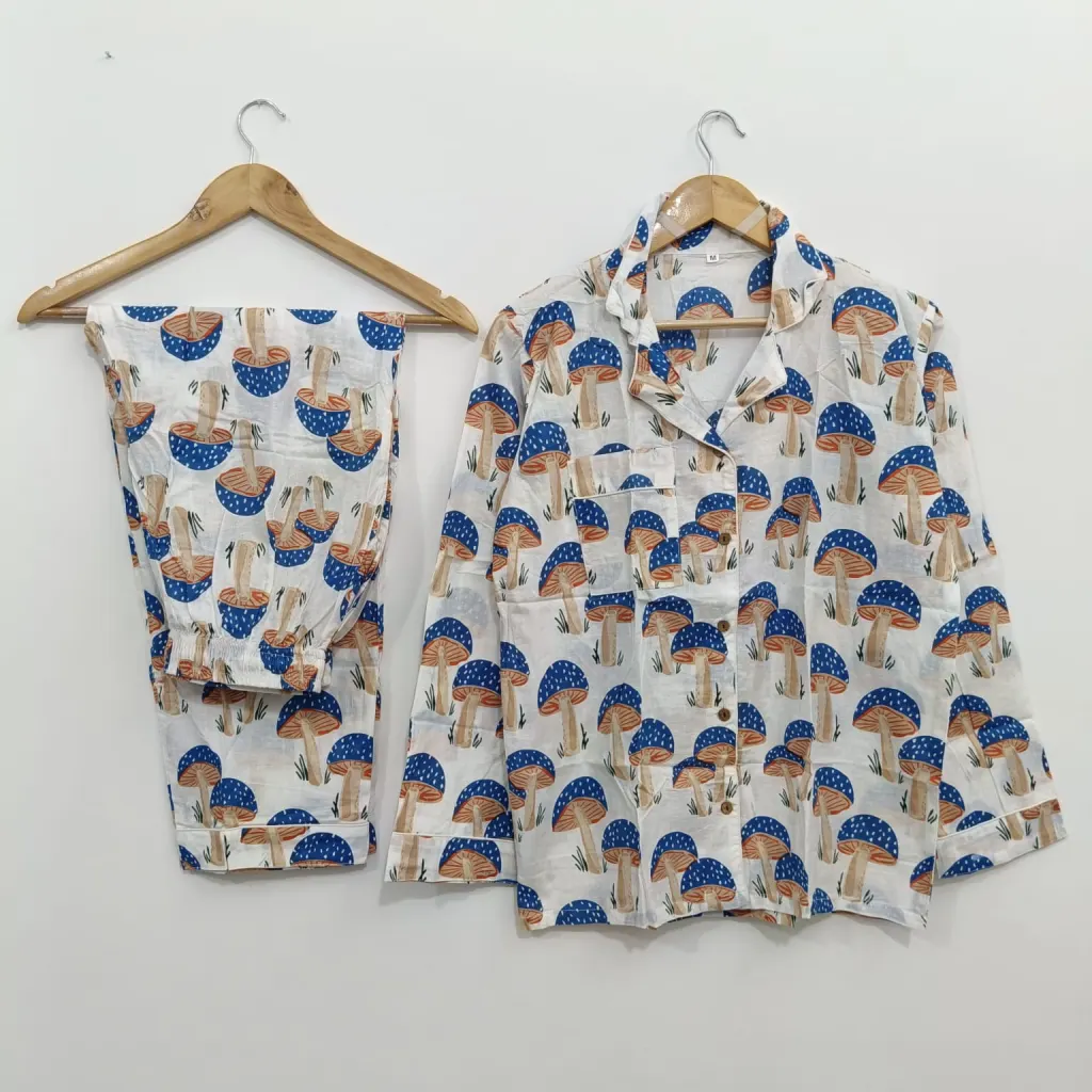 Women's Blue Mushroom Print Cotton Pajama Set – Full Sleeve Night Suit — photo 2