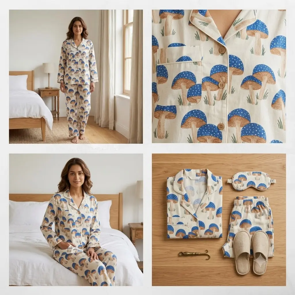 Women's Blue Mushroom Print Cotton Pajama Set – Full Sleeve Night Suit — photo 6