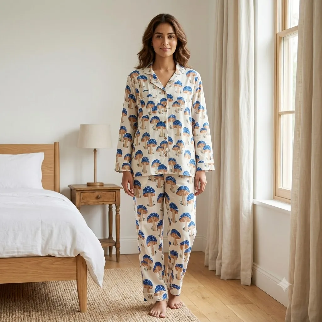 Women's Blue Mushroom Print Cotton Pajama Set – Full Sleeve Night Suit